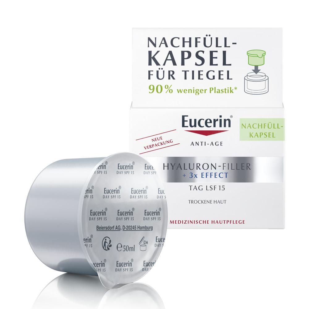 Eucerin® Hyaluron-Filler + 3x Effect Tag LSF 15 trockene Haut Nachfüllkapsel – Dreifach-Wirkung gegen tiefe Falten – antioxidative Tagescreme mit Hyaluronsäure und Saponin für sehr trockene Haut